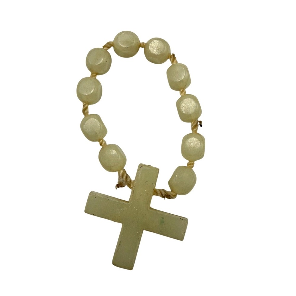Vintage Italy Rosary Finger Ring Cream Cross Beads Religious Prayer Small